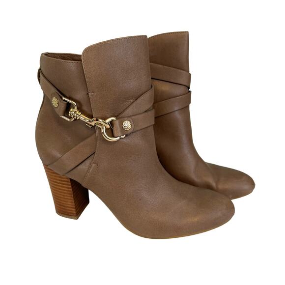 Isola Colleen Ankle Moto Boots Women 7.5 Brown Harness Leather Almond Block Heel - Picture 1 of 11